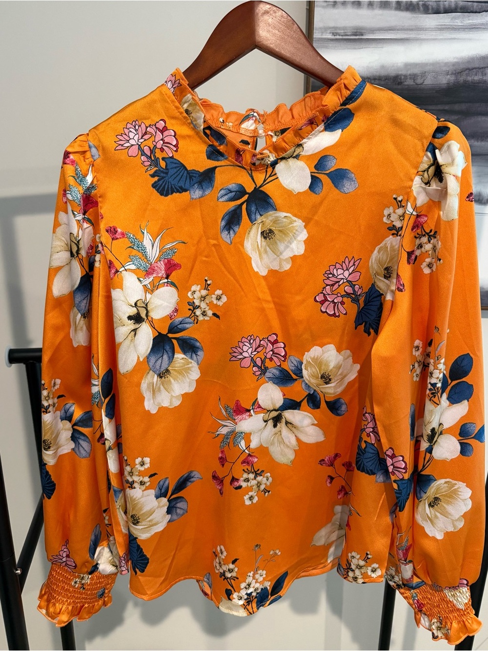 SHEIN Orange Floral Ruffle-Neck Long Sleeve Blouse